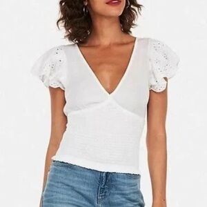 Express White V-Neck Ruffle Sleeve Women's Top